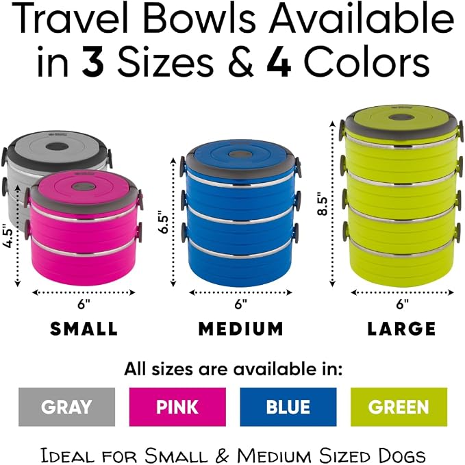 Healthy Human Travel Pet Bento Bowls - Human-Grade Stainless Steel & BPA-Free, Leak-Proof Water & Food Container Set for Dogs & Cats, 3-Pack Interlocking Bowls, Includes Spare Clips & Handle (Gray)