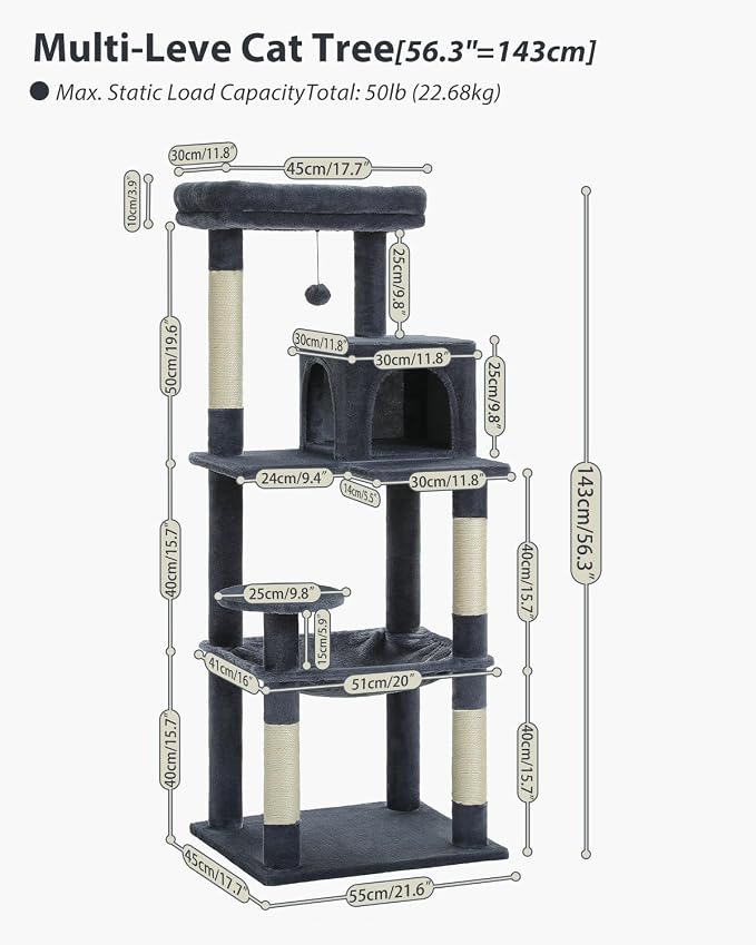 MUTTROS Cat Tree for Large Cats with Metal Plush Big Hammock, 56.3" Cat Tower for Indoor Cats with 2 Door Condo House, 6-Tier Cat Shelves with Scratching Posts and Large Top Perch, Dark Gray | 6-tier shelves, Metal plush hammock, 2-door condo house, Si...