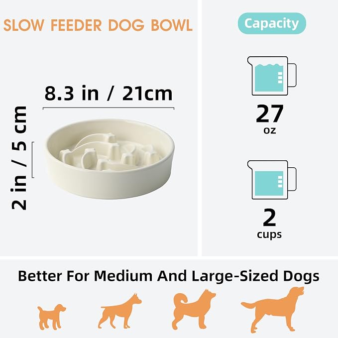 Ceramic Slow Feeder Dog Bowls Large Breed, 2 Cups, 8.3 Inch Beige | 2 cups raised maze bowl slows fast eating for medium and large dogs; heavy ceramic, non-slip and dishwasher safe.
