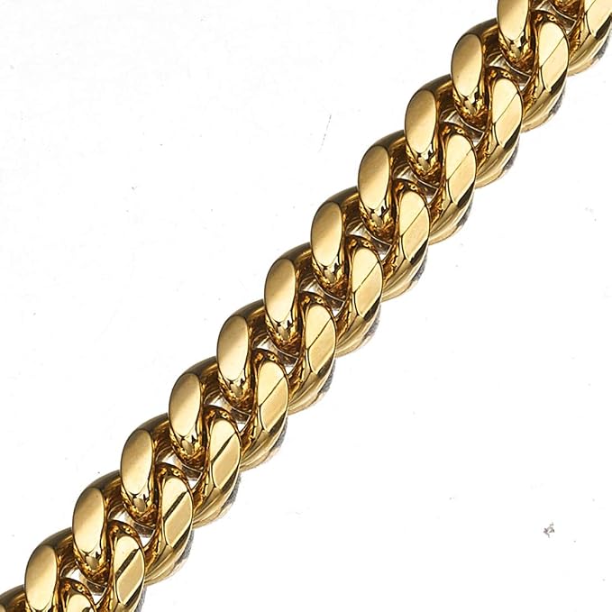 Strong Dog Chain Gold Leash Long 3FT 4FT 5FT 18K Stainless Steel 12mm Curb Cuban Link Dog Leash with Comfortable Genuine Leather Handle(Gold, 3FT)