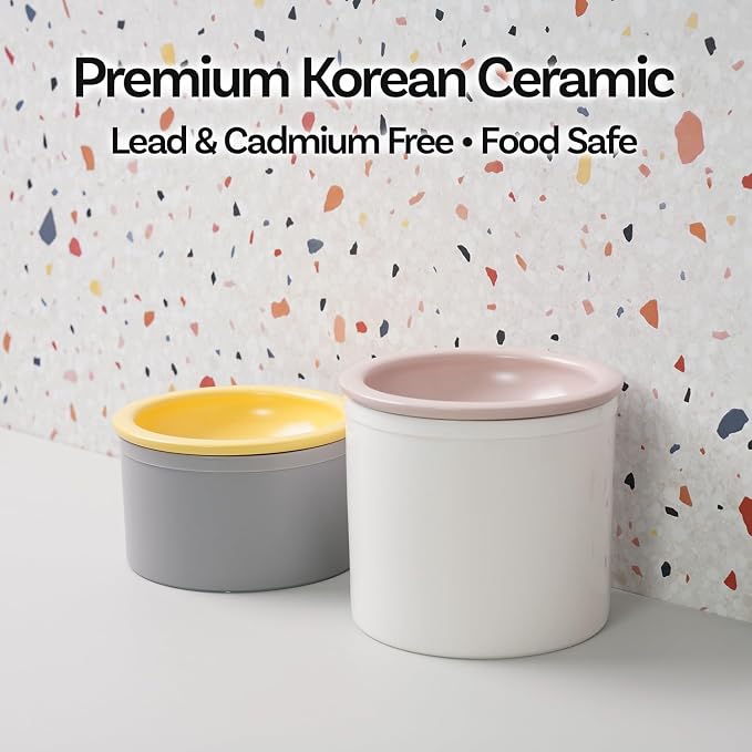 Hello Bowl Elevated Ceramic Cat Bowl with Stand, Raised Whisker-Friendly Feeding Bowl for Cats & Small Dogs, Patented Design, Made in Korea (Pink, Square Only/Dry)