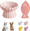 Ceramic Raised Slow Feeder Cat Bowl with Lick Mat, for Indoor Cats and Small Dogs Like Chihuahua, French Bulldog, Poodle,Anti Vomiting for Dry and Wet Food-Pink Bowl+Lick Mat