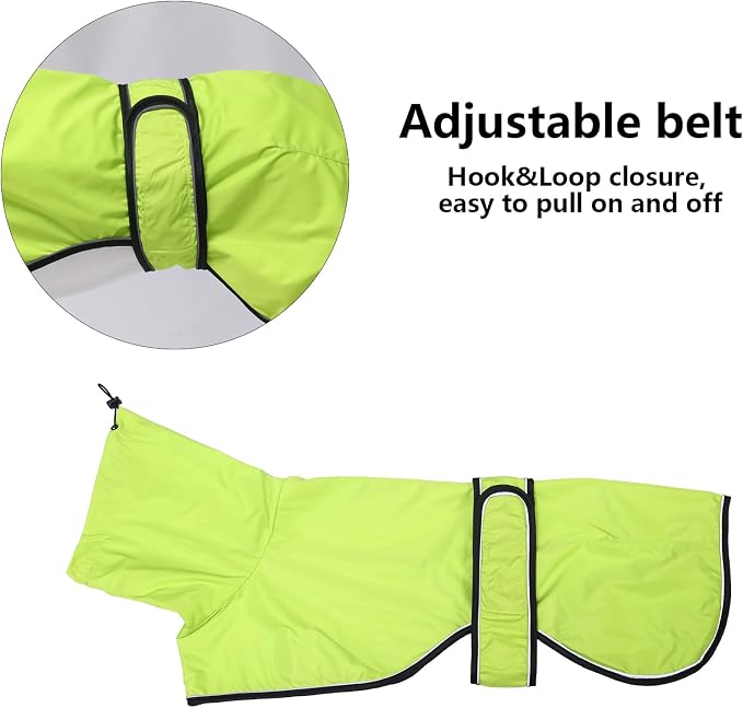 Greyhound Whippet Raincoat Waterproof with Reflective Stripe high Neck fit for Italian Greyhounds Whippets Long Back Breeds - Light Green - L