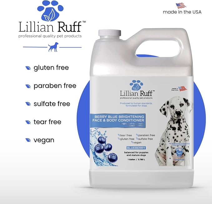 Lillian Ruff PRO Formula Berry Blue Brightening Dog Conditioner - Professional Whitening Conditioner, Hydrate Dry Skin, Soften, Detangle, Restore Shine - Provitamin B5, USA Made 128oz+Pump