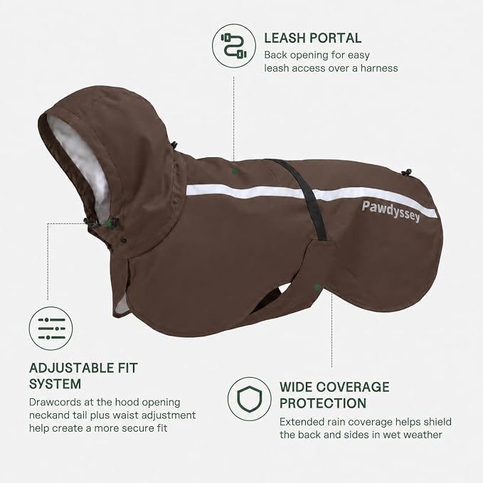 Stretch Fabric Dog Raincoat with Hood, Reflective Rain Poncho for Medium Large Dogs, Adjustable Waterproof Dog Rain Jacket with Leash Opening for Walking & Camping, Brown, Medium