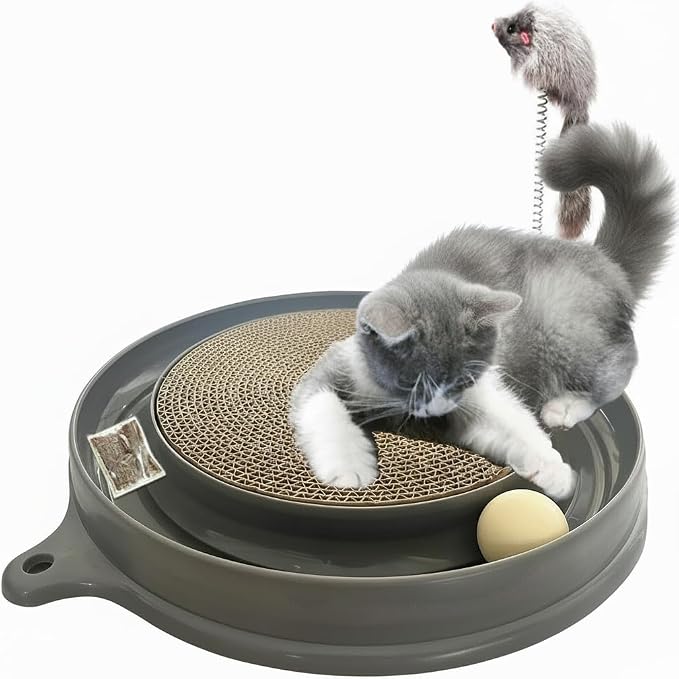 AUOON Cat Scratcher Toy with Ball Track for Indoor Cats and Kittens, Gray | 3 in 1 Interactive Cat Toy, Cat Scratch Pad with Cat Ball Toy and Cat Mouse Toy, for Chasing Exercise, Protect Furniture