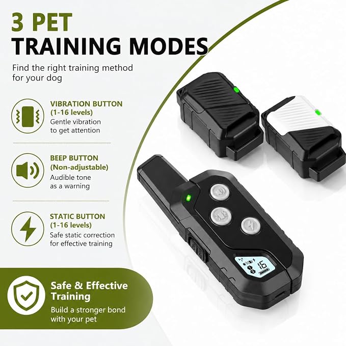 Shock Collar for Dogs, Dog Training Collar with Remote Control for 2 Dogs, 3 Training Modes with Beep, Vibration and Satic, Waterproof, Rechargeable for Large Medium
