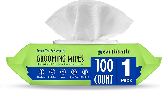 earthbath Green Tea & Awapuhi Grooming Wipes, 100 Count (1 Pack) | Dog Wipes for Paws and Butt, Made in USA