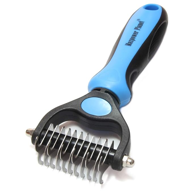 Maxpower Planet Pet Grooming Brush - Double Sided Dematting Undercoat Rake for Dogs and Cats, Extra Wide Pet Brush to Reduce Shedding by 95% (Blue, S) | 9 & 17 Teeth, Deshedding & Dematting Tool, Long & Thick Double Coats, Non-Slip Handle, Reduces Shed...