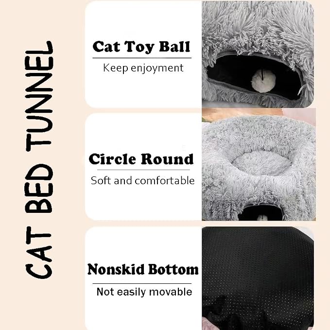 Cat Bed Tunnel Tube Toy Grey Plush | Collapsible Round Tunnels for Indoor Cats, Interactive Toys Play Tubes with Hanging Ball for Kitten, Puppy, Rabbit