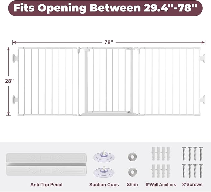29.4-78" Extra Wide Baby Gate, Long Dog Gates Indoor for Stairs | Essential Large Gate for Child Toddler with Anti-Trip Pedal, Adjustable Pet Gate for Doorways, 28" Tall 3 Metal Panels White