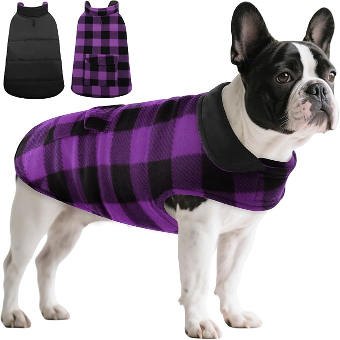 ASENKU Reversible Dog Winter Coat, Dog Jacket for Small Medium Large Dogs | Windproof Plaid Fleece Lining for Cold Weather, Water-resistant Outer Shell, Puppy Puffer Vest with Leash Hole, Purple M