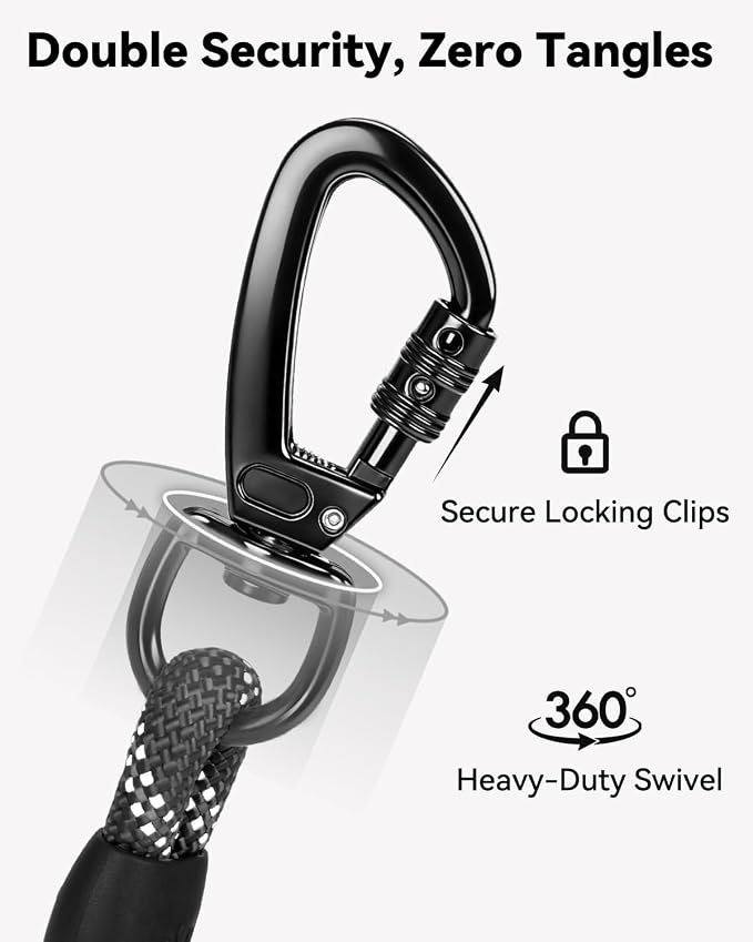 Joytale Long Dog Leash for Yard Tie Out & Recall Training, Black, 15FT | Secure Locking Carabiner, Removable Padded Handle, Reflective Webbing for Night Safety, Ideal for Outdoor Play and Camping