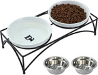 FOREYY Elevated Cat Bowls with 2 Ceramic & 2 Stainless Steel Bowls, Raised Cat Food & Water Dishes with Iron Stand, Porcelain Pet Dishes for Cats & Small Dogs, 16 Ounces, Dishwasher Safe (White)