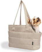 Lightweight Dog Purse Carrier for Small Dogs Under 15 lbs, Puffy Quilted Pet Carrier Tote for Puppies with Safety Leash Clip, Women's Hands-Free Dog Carrier Bag for Travel/Shopping (Brown)