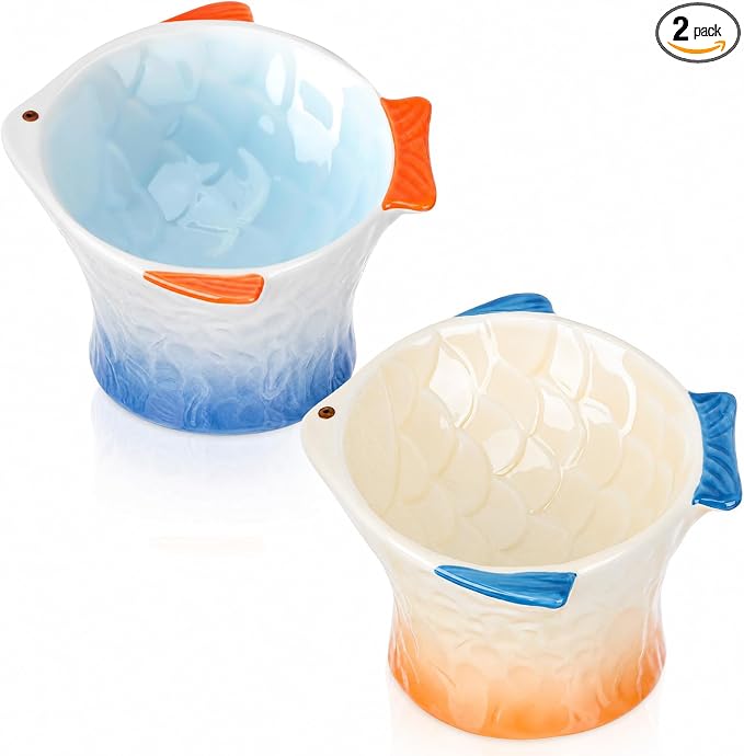Tioncy 2 Pcs Raised Tilted Ceramic Cat Food Bowl Fish Shape Cute Elevated Slanted Shallow Angled Cat Dish Non Slip Feeder Bowl for Anti-Vomiting and Fatigue (Blue,Orange)