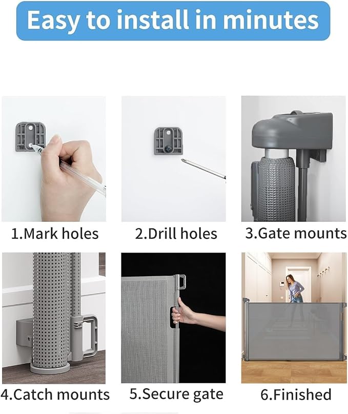 Retractable Baby Gate for Stairs – 33” Height, Expands up to 71” Width – Safety Gate for Infants, Toddlers, Dogs & Pets – Easy Install, Secure Closure, Gray Mesh Design for Indoor & Outdoor Use