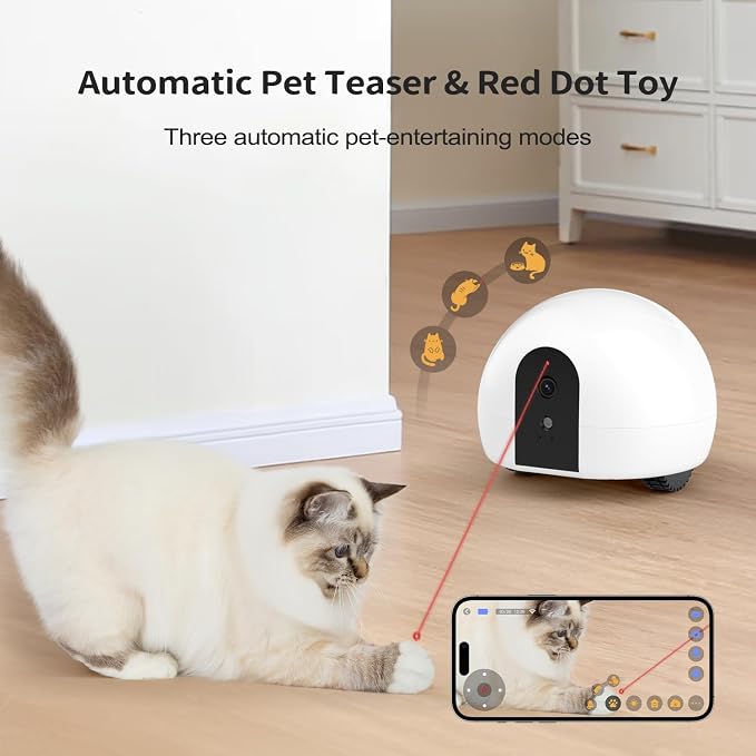 Pet Camera Robot with Treat Dispenser & Laser, Moving Cat Robot Camera for Dogs and Cats with Two-Way Audio, App Remote Control, Auto Recharge, Night Vision
