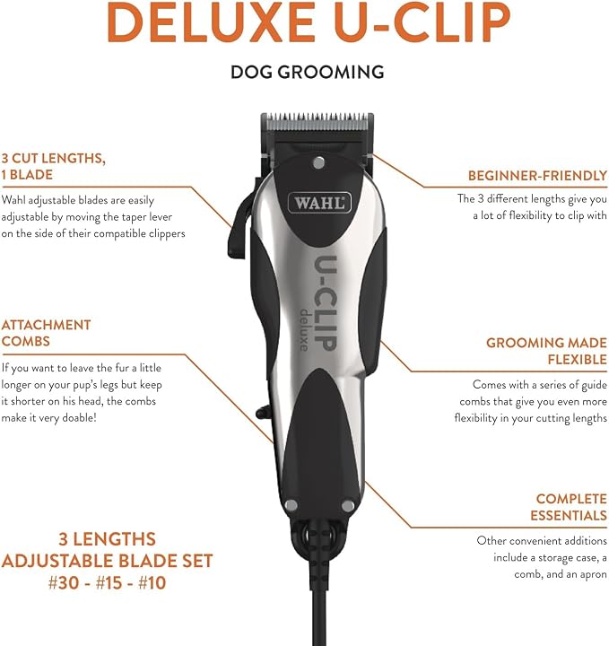 Wahl Pro Animal Deluxe U-Clip Trimmer, Black & Chrome | Adjustable 8, 1.5, and 1.8 mm Cutting Lengths, Includes 7 Attachment Combs, Ideal for Light and Medium Coats