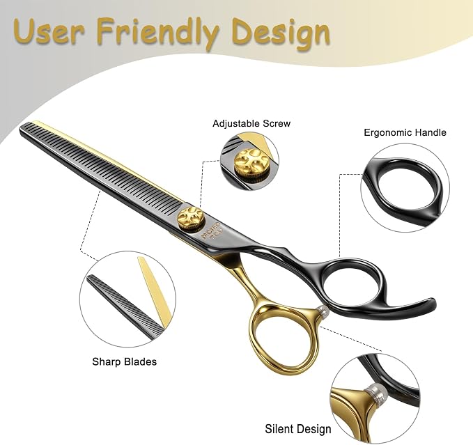 7'' Thinning Dog Grooming Scissors with Decorative Screw Sharp and Durable Black and Gold 440C Stainless Steel Dog Thinner Shears Easy Use for Groomers and Beginners