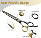7'' Thinning Dog Grooming Scissors with Decorative Screw Sharp and Durable Black and Gold 440C Stainless Steel Dog Thinner Shears Easy Use for Groomers and Beginners