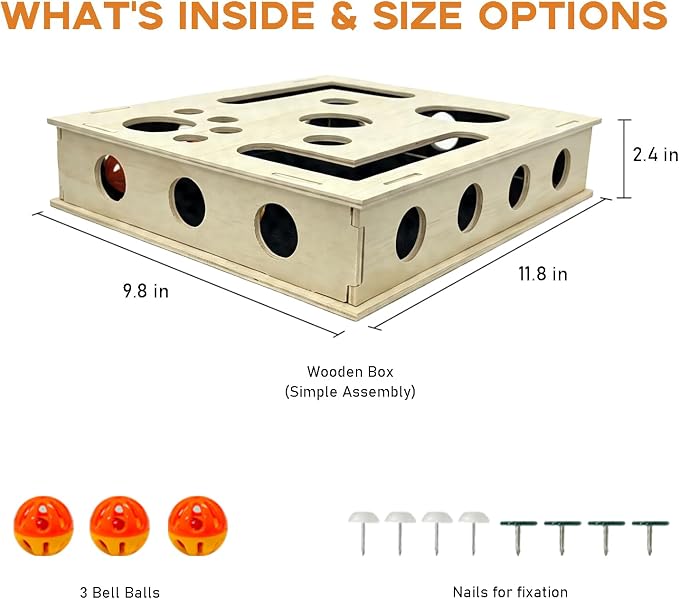 Cat Scratch Puzzle Enrichment Box with Bell Ball, Large Cat Nail File Enrichment Box with Sandpaper Liner, Stress-Free Alternative to Trimming Nails, for Indoor Cats