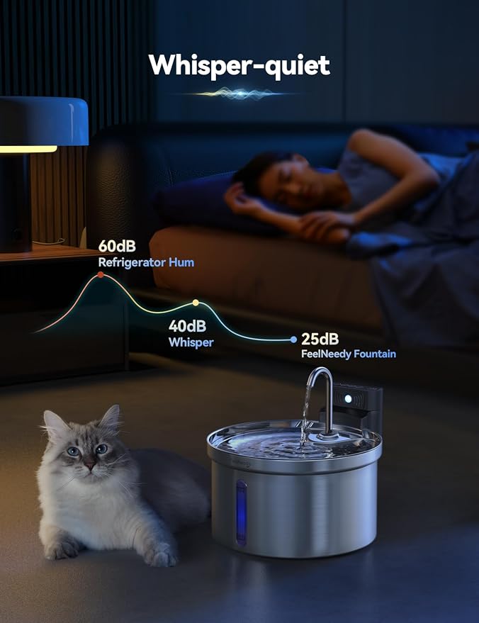 Wireless Cat Water Fountain Stainless Steel [Water & Battery Separation] FEELNEEDY Smart Pet Water Fountain, 4000mAh Battery Operated Water Fountain for Cats Dogs 3.5L/118oz + 6 Filters