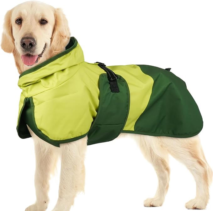 BRKURLEG Dog Raincoat, Waterproof Rain Jacket with Hood, Green, XXL | Adjustable Windproof Rainproof Jacket with Leash Hole, Reflective Breathable Rain Coat Poncho, for Small to Large Dogs