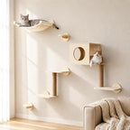 FUKUMARU Cat Wall Shelves, 5 in 1 Set, Beige | Stable Wooden Wall-Mounted Furniture Set, Kitty Climber with Hammock, House, Steps, Scratching Post