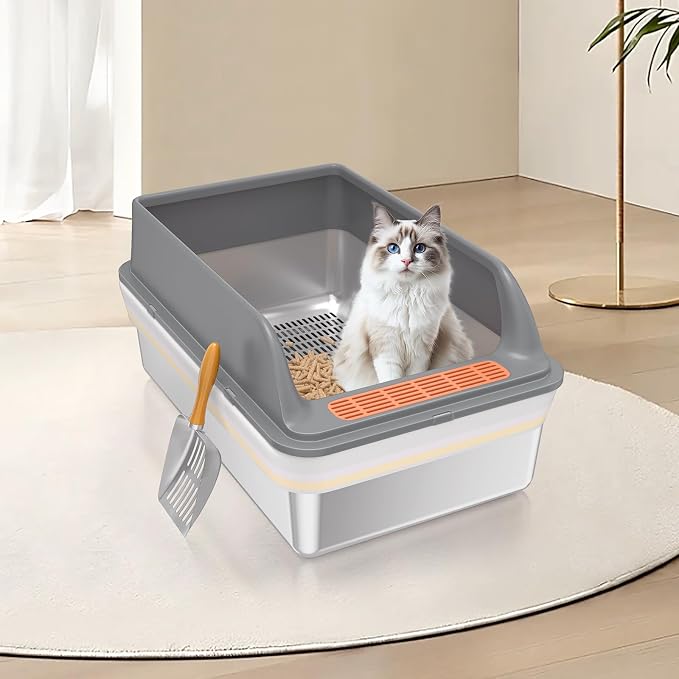 Stainless Steel Sifting Litter Box with Lid, XXL Extra Large Sifting Cat Litter Box for Pine Pellets & Big Cats,Metal Pellet Sifter Litter Pan System for Odor Control,Sifting Box Liners & Scoop