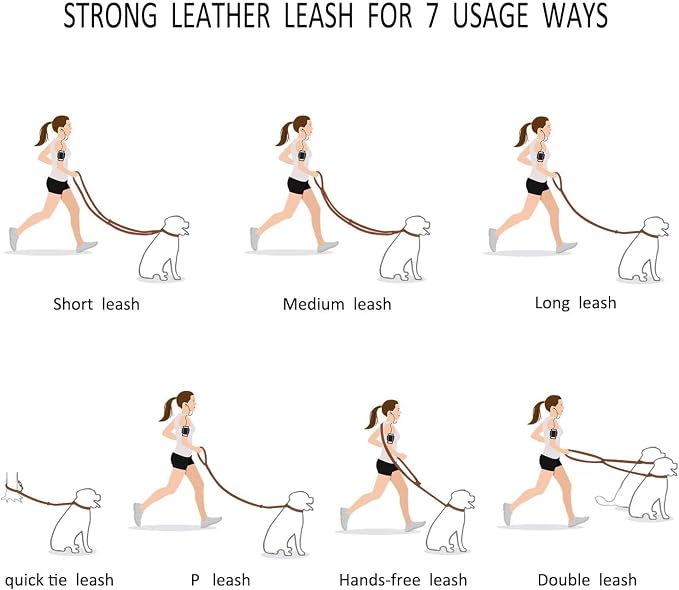 Soft Multi-Function 6 in 1 Leather Training Walking Leash, Hands Free, Dual, Crossbody for Medium and Large Dogs (8 Foot*5/8", Red)