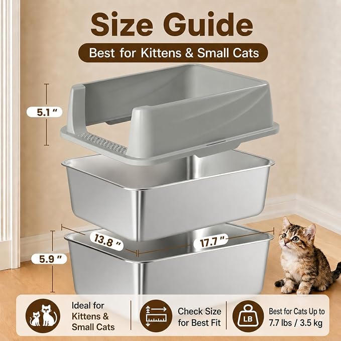 Stainless Steel Sifting Litter Box for Pine Pellets, Sifting Cat Litter Box with Sifter, High Side for Small Cats, Anti-Leakage, Odor Control, Includes Scooper, 17.7" x 13.8" x 11"