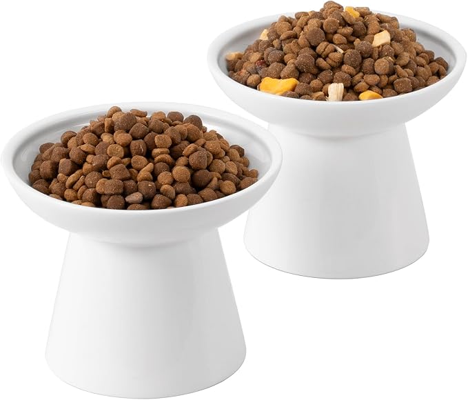 CEEFU 2-Pack Extra Wide Elevated Ceramic 6.2" Shallow Cat Food Bowls | Cat Dish for Whisker Fatigue Relief, 5" Height for Easy Feeding, Durable Raised, White