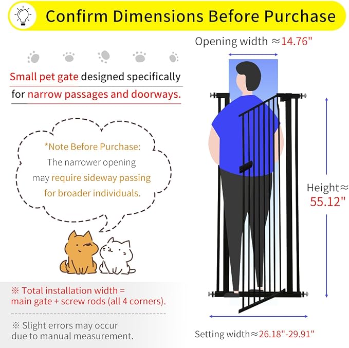Lumizone Extra Tall Cat Gate 55.12" High 26.18"-29.91" Wide Pet Gate Black | Dog Gate for Doorway Hallway Stairs Pressure Mounted Extra Wide 1.37" Gap No Drilling Auto-Close One-Handed Operation