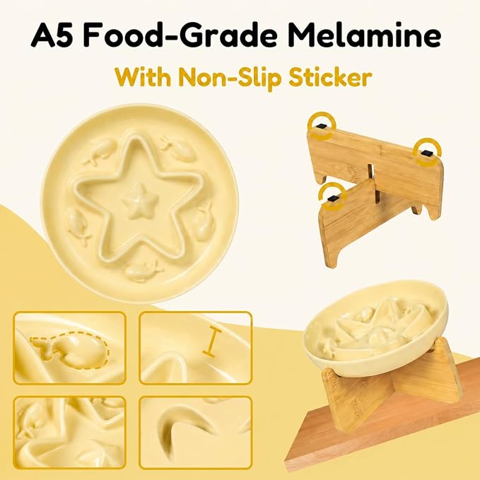 Slow Feeder Cat Bowl with Stand, Melamine Elevated Cat Food Bowl, Whisker Friendly Raised Puzzle Feeder for Cats & Small Dogs,Wet & Dry Food, Dishwasher Safe, Non-Slip (Light Yellow)
