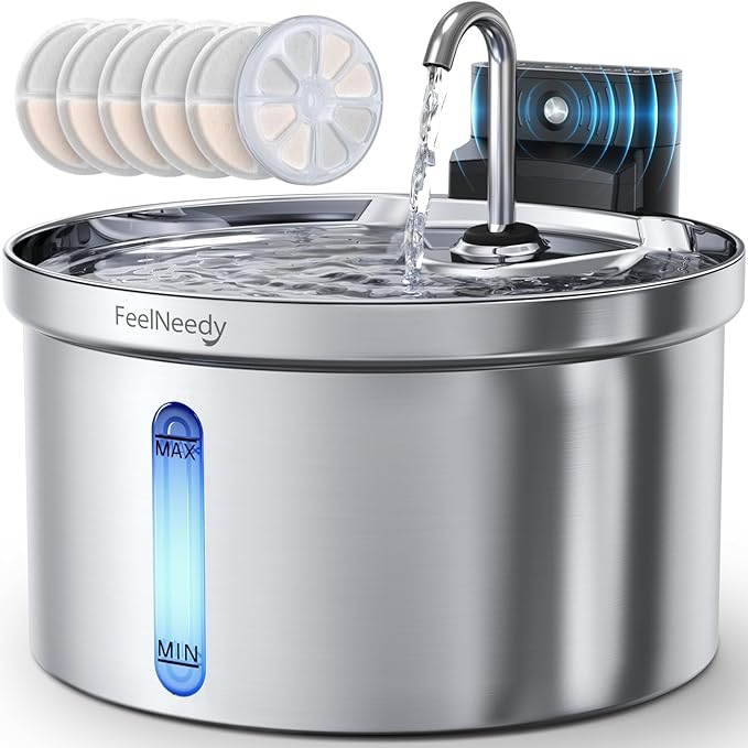 Wireless Cat Water Fountain Stainless Steel [Water & Battery Separation] FEELNEEDY Smart Pet Water Fountain, 4000mAh Battery Operated Water Fountain for Cats Dogs 3.5L/118oz + 6 Filters