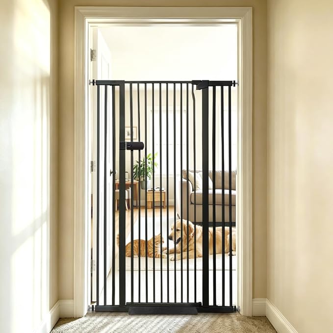 Lumizone Extra Tall Cat Gate 61.02" High 29.92"-42.51" Wide Pet Gate Black | Dog Gate for Doorway Hallway Stairs Pressure Mounted Extra Wide 1.37" Gap No Drilling Auto-Close One-Handed Operation