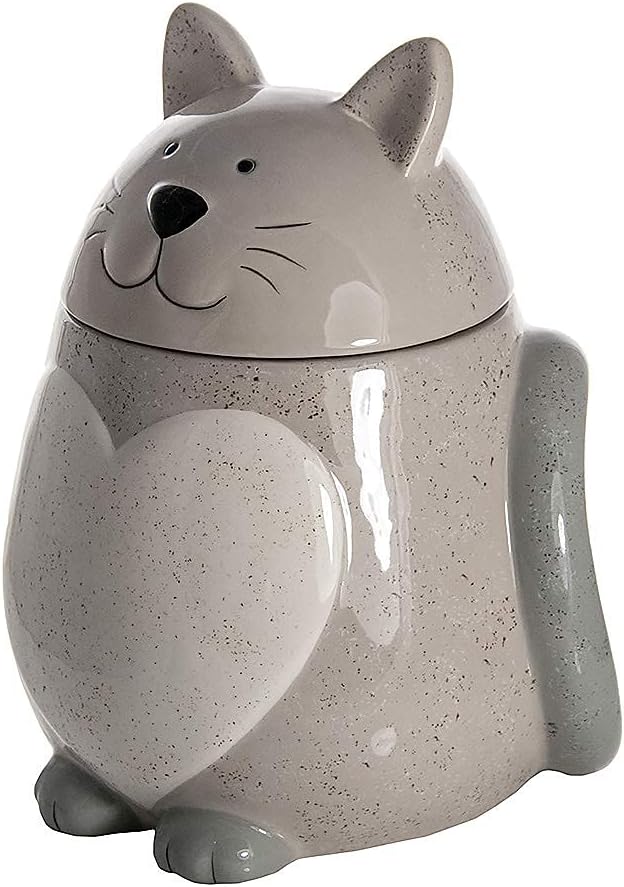 SPOTTED DOG GIFT COMPANY Ceramic Cookie Jar with Lid, Large Cat Treat Container for Cookies & Biscuits, Cute Novelty Kitchen Storage for Countertop, Gifts for Cat Lovers - 43oz Gray