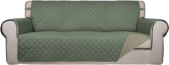 PureFit Reversible Quilted Couch Covers for Dogs Oversized Sofa Cover 78” | Greyish Green/Beige, Water Resistant Couch Protector, Washable Pet Couch Cover with Non Slip and Elastic Straps For Kids
