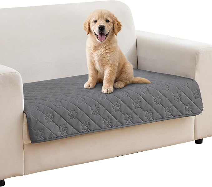 PAWFINITY Waterproof Loveseat Covers for Dogs, Pet Blanket for Couch | Paw Print Quilted, Hair Resistant, Anti Cat Scratch, Washable Protector for 2 Seat Sofa & Chair Cushion, 30x62 Inch, Grey