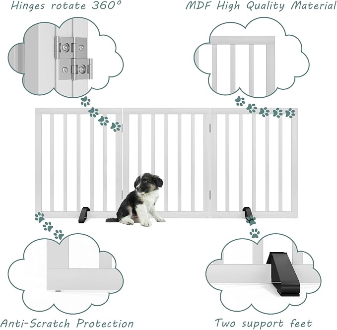 Dog Gates for The House Freestanding Foldable Pet Gates for Doorways 3 Panels 24'' Tall with 2PCS Support Feet Wooden White Dog Gate for Stairs