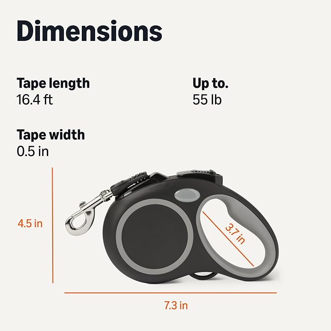 Amazon Basics Reflective Retractable Dog Leash, 16.4 Ft Tape Leash for Dogs Up to 55 Lbs, Non-Slip Comfort Grip, Quick-Lock, Medium, Black