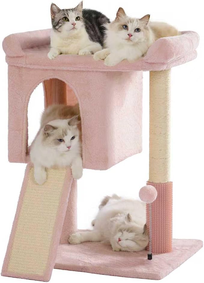 Cute Cat Tree 28” Pink Cat Tower with Top Large Bed 20x13” | Compact Cat Trees with Sisal Sratchign Post, Ramp, Self-Groomer, Cat Condo & Toy Ball Fit Small Space for Indoor Adult Cats