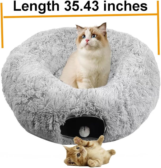 Cat Bed Tunnel Tube Toy Grey Plush | Collapsible Round Tunnels for Indoor Cats, Interactive Toys Play Tubes with Hanging Ball for Kitten, Puppy, Rabbit