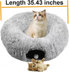 Cat Bed Tunnel Tube Toy Grey Plush | Collapsible Round Tunnels for Indoor Cats, Interactive Toys Play Tubes with Hanging Ball for Kitten, Puppy, Rabbit