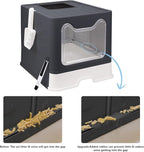 Foldable Cat Litter Box with Lid, Enclosed Potty, Large Top Entry Anti-Splashing Toilet, Easy to Clean Including Litter Scoop and 2-in-1 Cleaning Brush (Black)