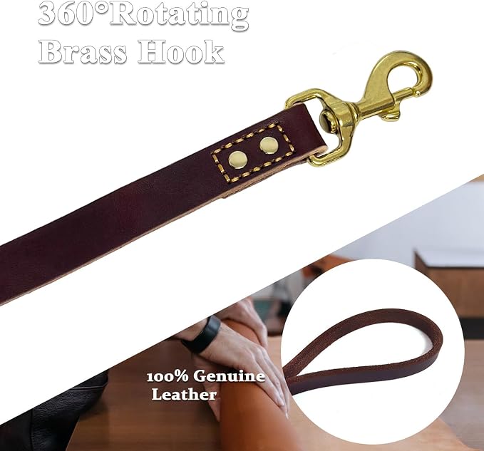 Heavy Duty Leather Dog Leash 6 ft x 1 inch,Strong Double Stitched Genuine Leather Pets Training Leash for Walking,Soft Handle and Durable Lead for Small Medium and Large Dogs Brown