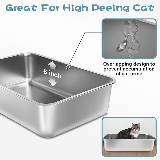 Stainless Steel Litter Box, Large Metal Litter Box 2 Pack | 19.7"x13.7"x6" Cat Litter Box Easy to Clean, Non Stick Litterbox No Smell for Adult Cats