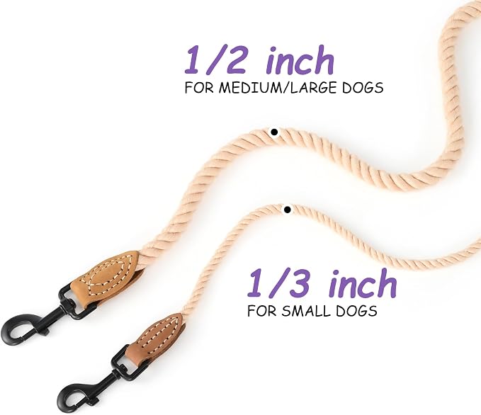 Mile High Life Dog Leash Braided Cotton Rope with Leather-Reinforced Ends | Rust-proof 360° swivel clasp, Heavy-duty for small/medium dogs. Great for weddings, daily walks (4 FT, 1/3", Light Brown)