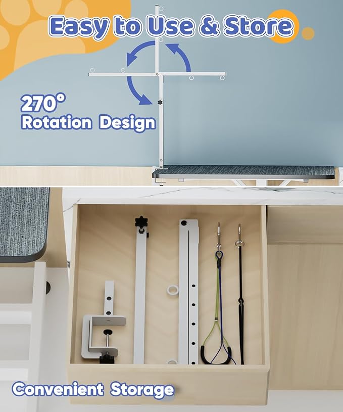 Dog Grooming Arm with Clamp for Large Dog, Adjustable Height to 33in and Width to 43in, Pet Grooming Table Arm with 2 Loop Noose & 2 No Sit Haunch Holder for Home & Store (Table Not Include)